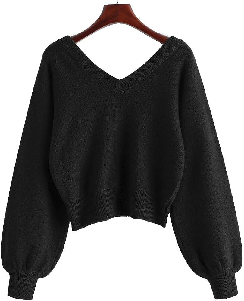 ZAFUL Women's Cropped Sweater V-Neck Long Sleeve Crop Sweater Pullover Jumper Knit Top | Amazon (US)