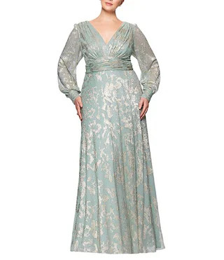 Betsy & Adam Plus Size Metallic Knit Foiled Print V Neck Long Sleeve A-Line Gown | Dillard's | Dillard's