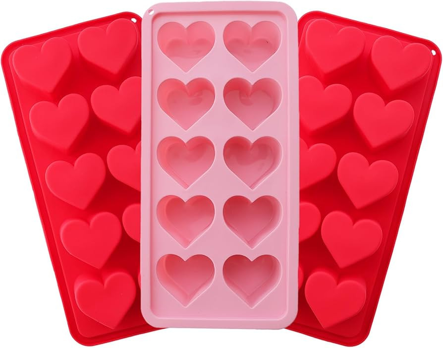 3 Pcs Heart Shaped Ice Cube Trays - 10-Cavity Silicone Molds in Pink & Red for Ice Cubes, Candy &... | Amazon (US)