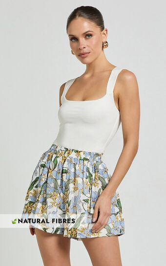 Amalie The Label - Linen Look Estella Elastic Waist Relaxed Shorts in Iris Floral | Showpo (US, UK & Europe)