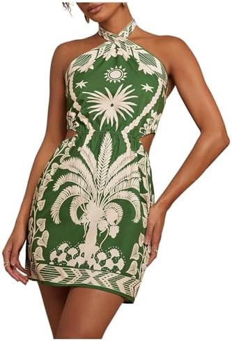 MakeMeChic Women's Boho Mini Dress Summer Beach Vacation Halter Dresses Floral Sundress | Amazon (US)