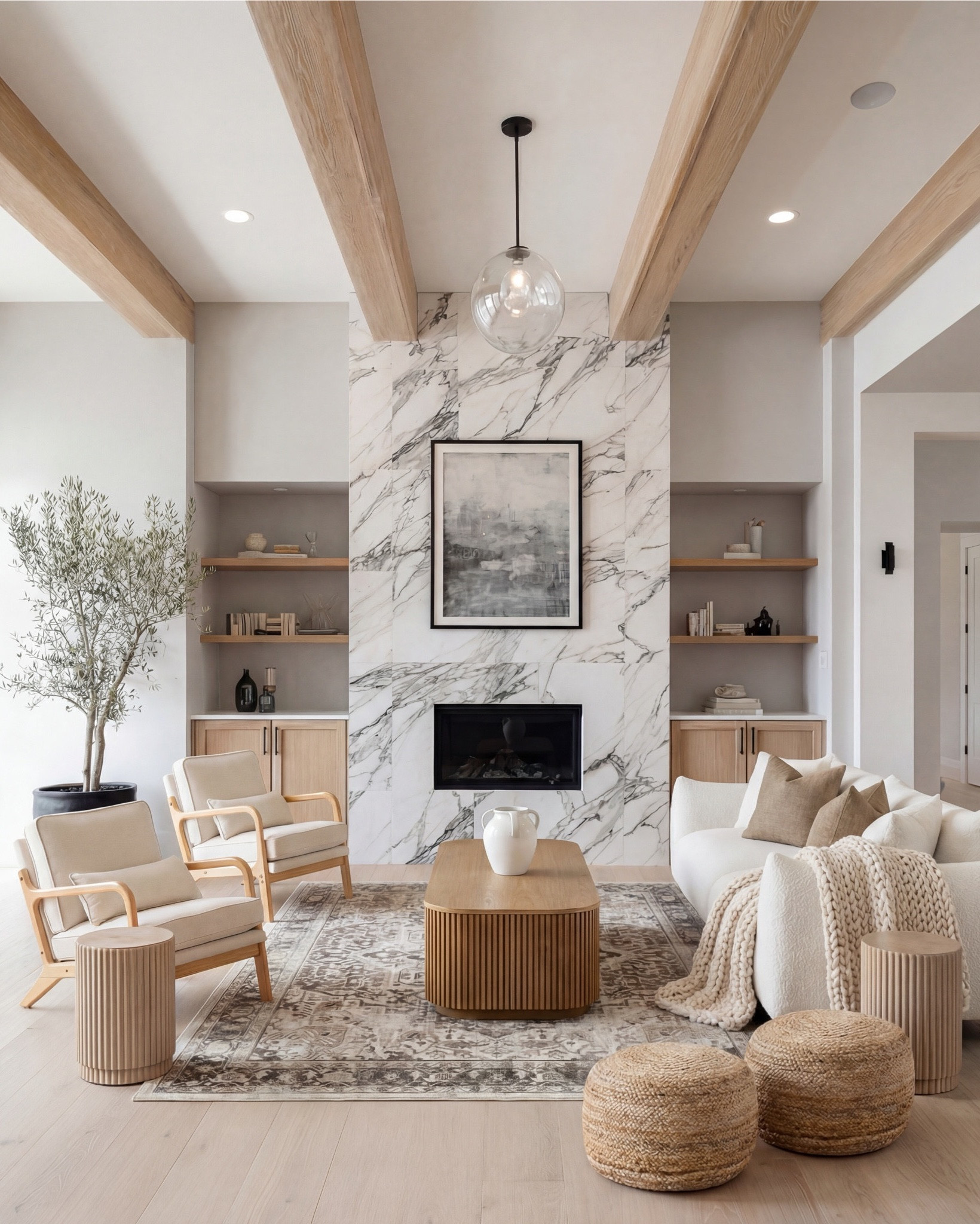 Soft, sculptural, and effortlessly serene — this living room blends creamy textures, warm woods, and a marble statement fireplace to create a calming, elevated retreat. The veined stone surround becomes the focal point, while the fluted coffee table and side tables bring subtle architectural interest. Layered neutrals in the sofa, knit throw, and accent pillows soften the space, and natural woven elements add warmth without overwhelming the palette. This is modern minimalism with soul — light, welcoming, and thoughtfully composed.

Shop the Look:
• Fluted light-oak coffee table
• Cream textured curved sofa
• Chunky knit throw in warm beige
• Neutral linen accent pillows
• Light-wood armchairs with cream cushions
• Marble fireplace surround panel
• Round glass pendant light
• Woven natural pouf stools
• Fluted wood side tables
• Vintage-inspired neutral area rug
• Potted faux olive tree

#LTKhome #LTKsale #LTKstyletip