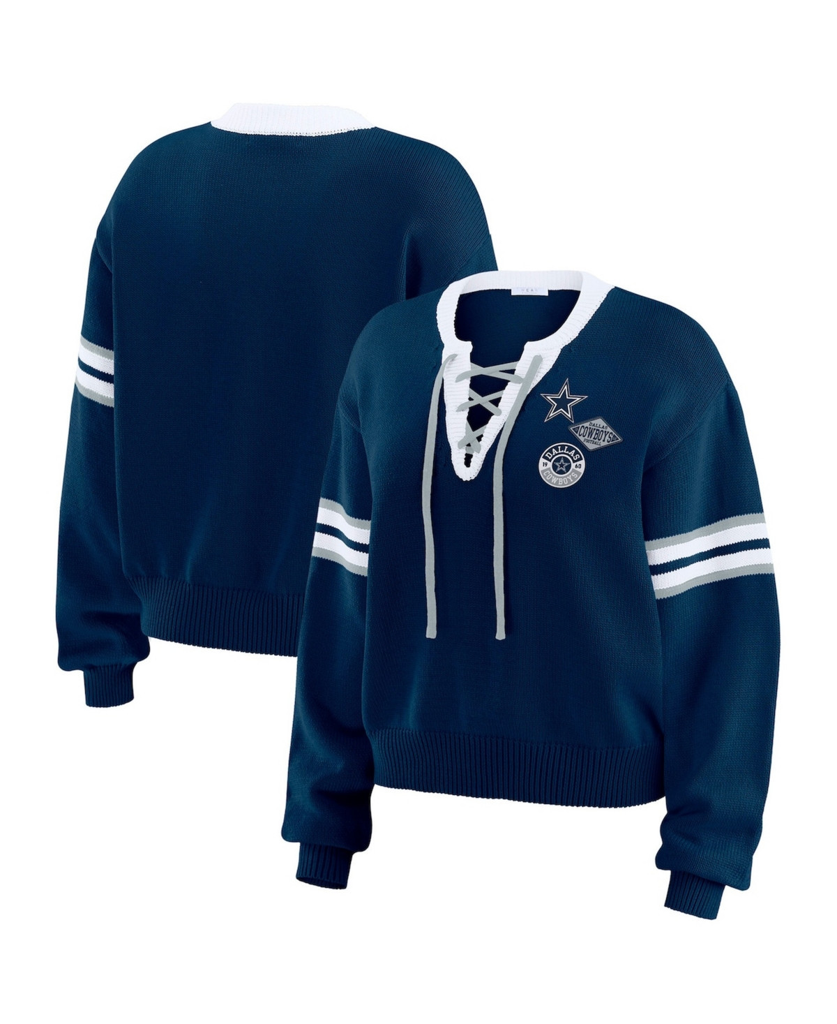 Wear by Erin Andrews Women's Navy Dallas Cowboys Lace-Up Sweater - Navy | Macy's