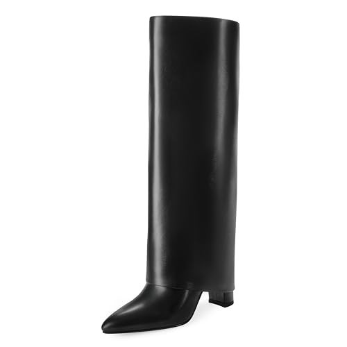 Modatope Black Womens Boots Chunky Heel Fold Over Knee High Boots Pointed Toe Dress Boots Fashion Black Tall Boots Zipper Long Boots Size 9 | Amazon (US)
