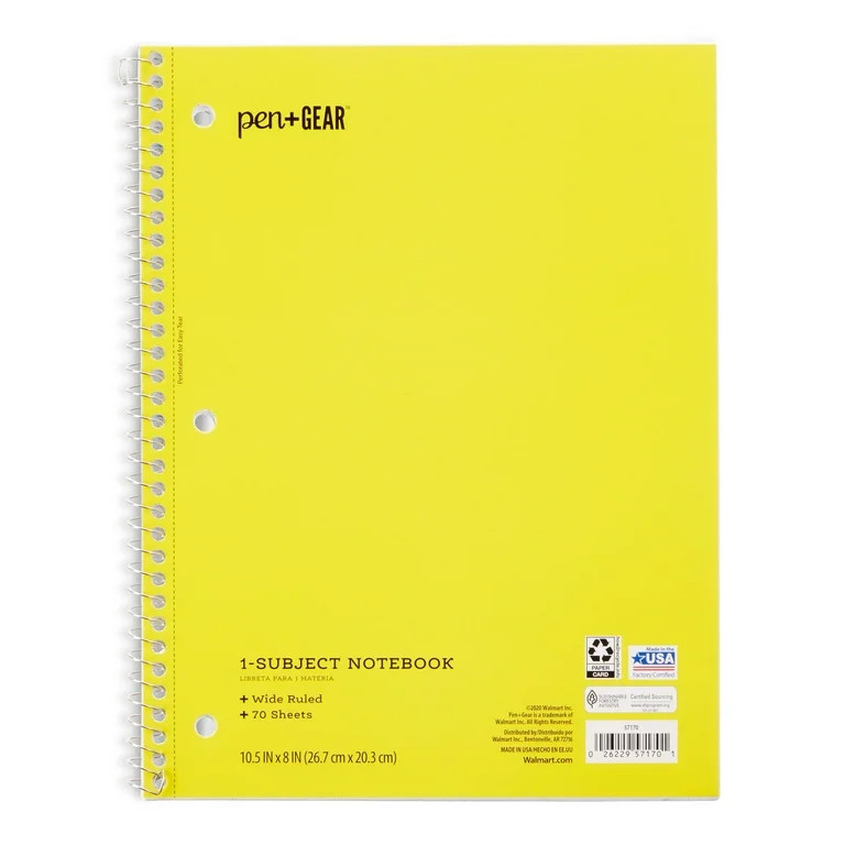 Pen+Gear 1-Subject Notebook, Wide Ruled, 70 Sheets | Walmart (US)