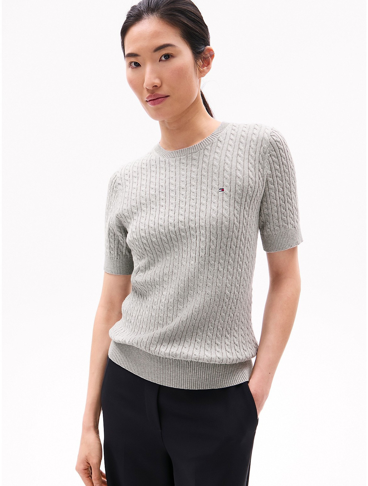 Tommy Hilfiger Women's Short-Sleeve Cable Knit Sweater - Grey - XXS | Tommy Hilfiger (US)