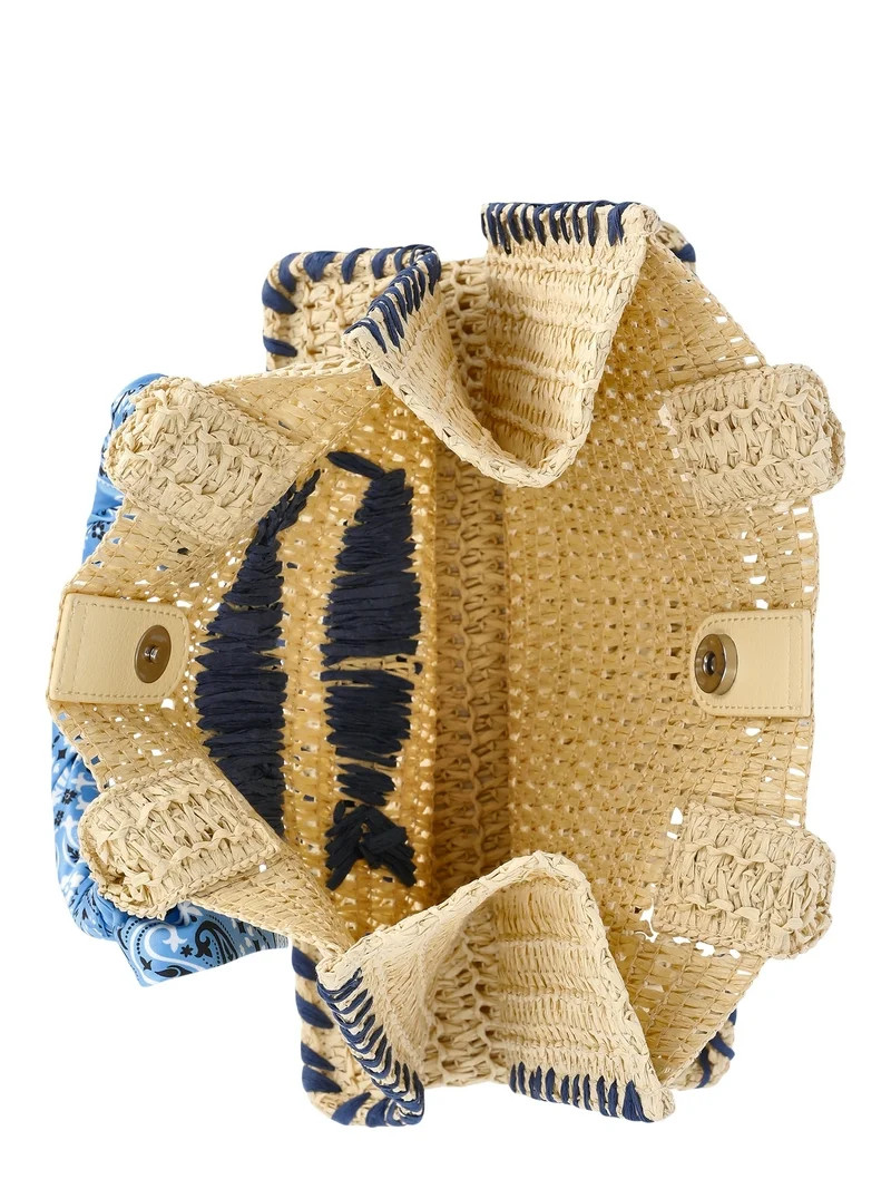 No Boundaries Women's Beach Icons Mini Straw Tote Bag, Light Natural with Fish Embroidery | Walmart (US)