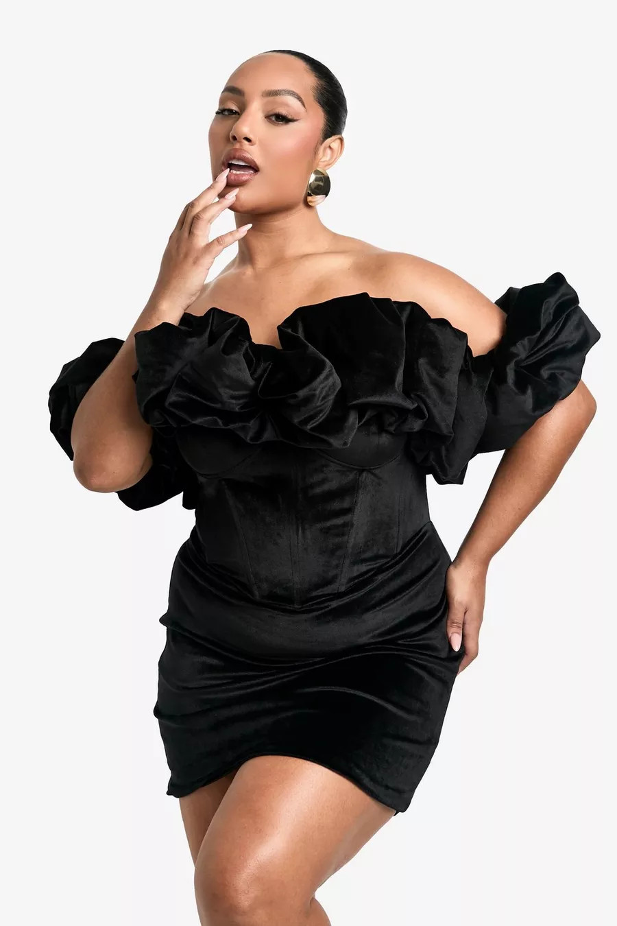 Plus Volume Off The Shoulder Velvet Mini Dress | boohoo (US & Canada)