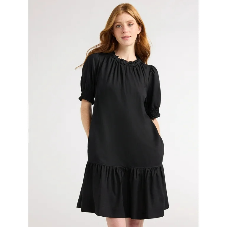 Free Assembly Women’s Ruffle Mini Dress with Puff Sleeves, Black, Sizes XS-XXL | Walmart (US)