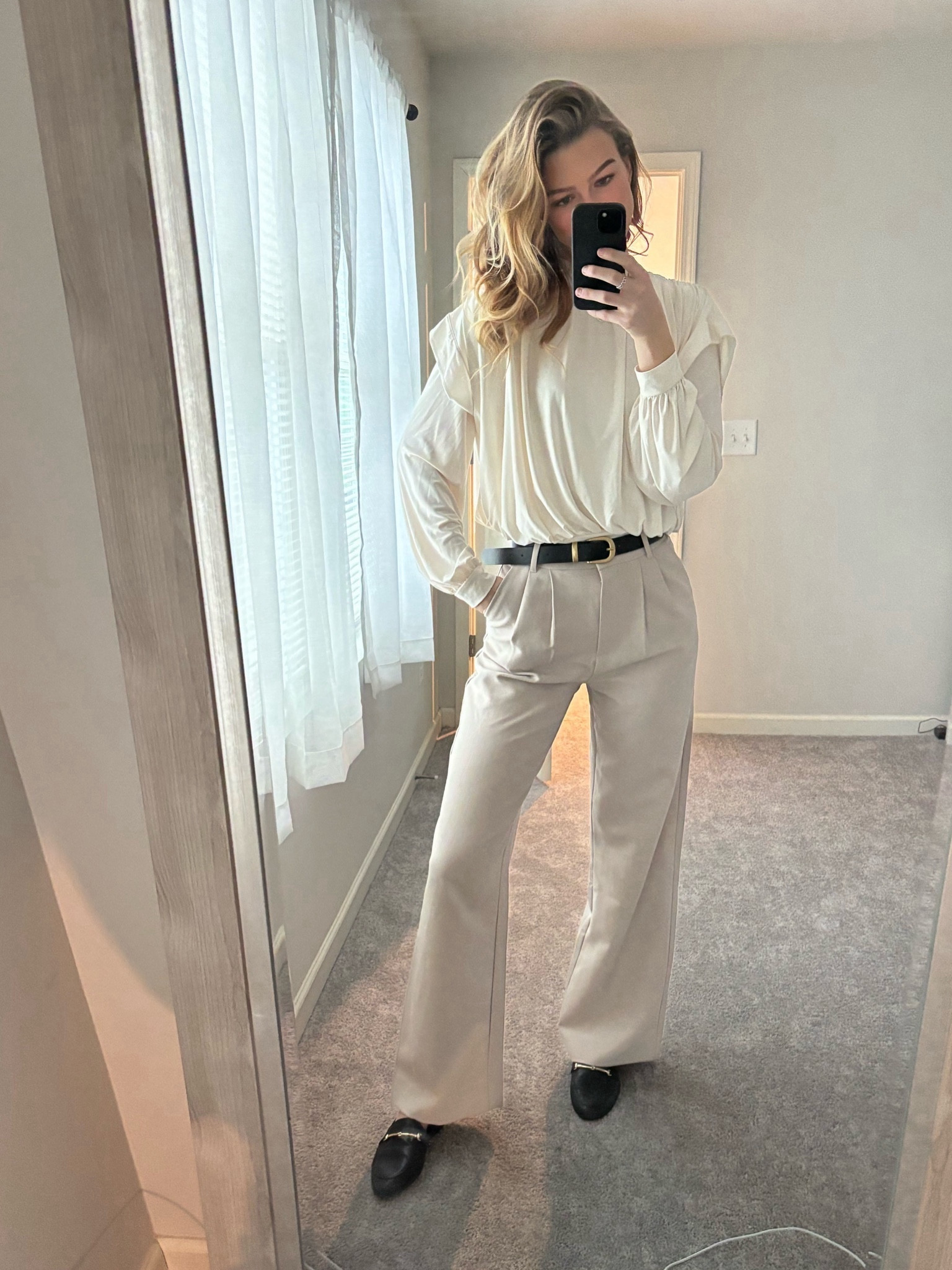 Tuesday fit!! Love this business transition to business casual in the winter time! Love mixing neutrals together with this cream and tan mix. Business casual, trouser, neutrals, monochrome, buckle shoes, business outfit 

#LTKMostLoved #LTKfindsunder100 #LTKworkwear