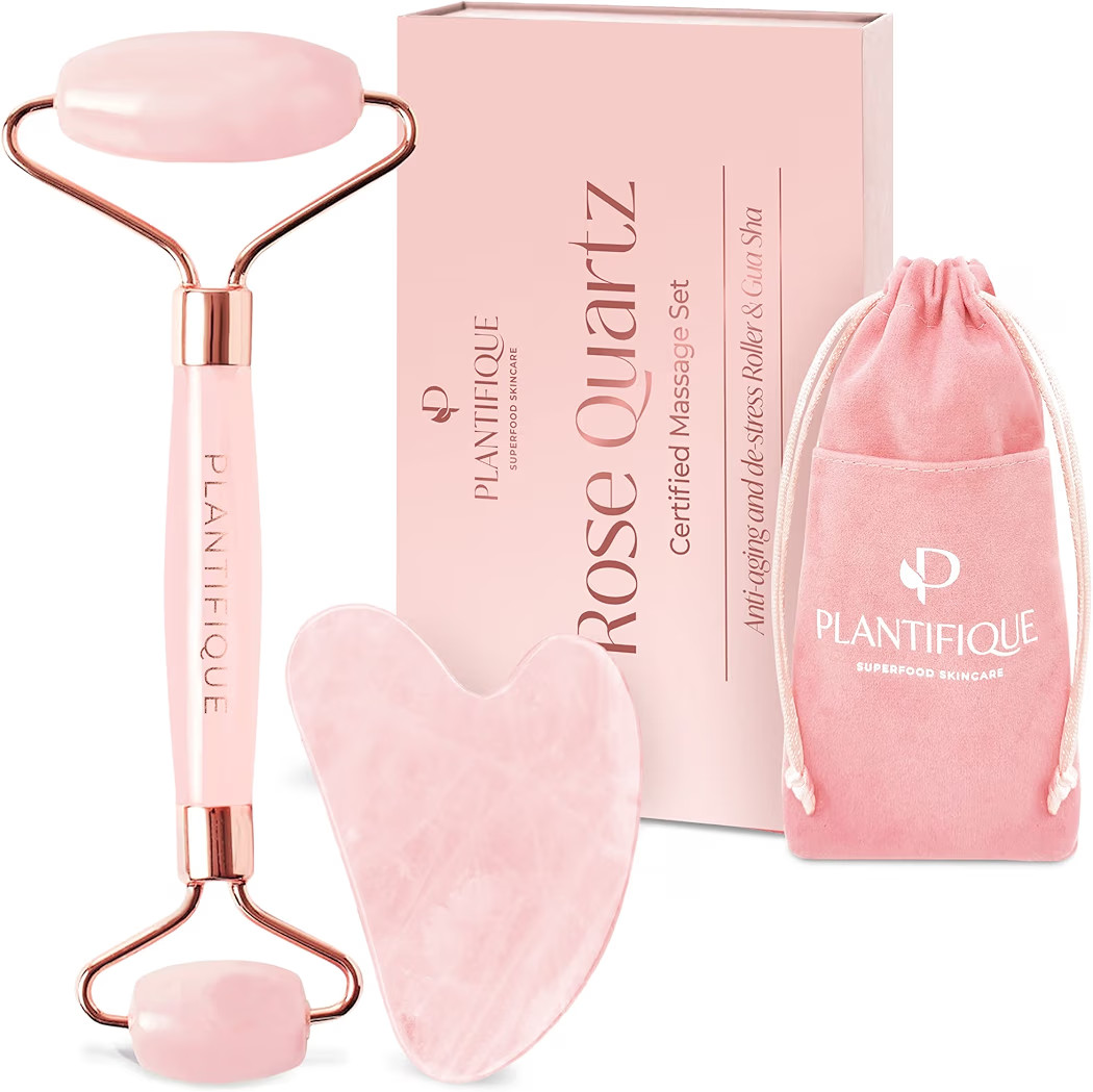 PLANTIFIQUE Rose Quartz Face Roller and Rose Quartz Gua Sha Set - Certified Rose Quartz Roller an... | Amazon (US)