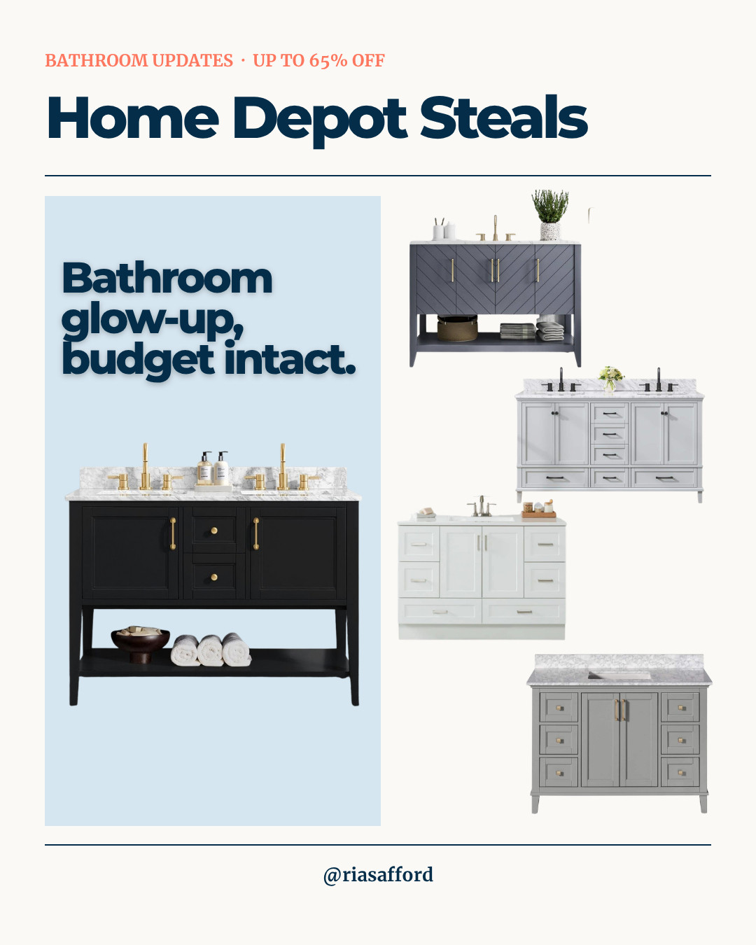 Bathroom refresh without the bathroom-remodel price. Home Depot has vanities on clearance right now, up to 65% off, plus a butcher block kitchen island I'd put in my house tomorrow. Clearance means limited stock, so grab it while it's there.

#homedepot #bathroomrefresh #vanity #homeupdate #diyhome #clearancefinds #ltkhome 

 #LTKHome #LTKSaleAlert
