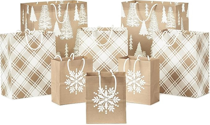 Hallmark Recyclable Holiday Gift Bags (8 Bags: 3 Small 6", 3 Medium 9", 2 Large 13") Kraft Brown ... | Amazon (US)