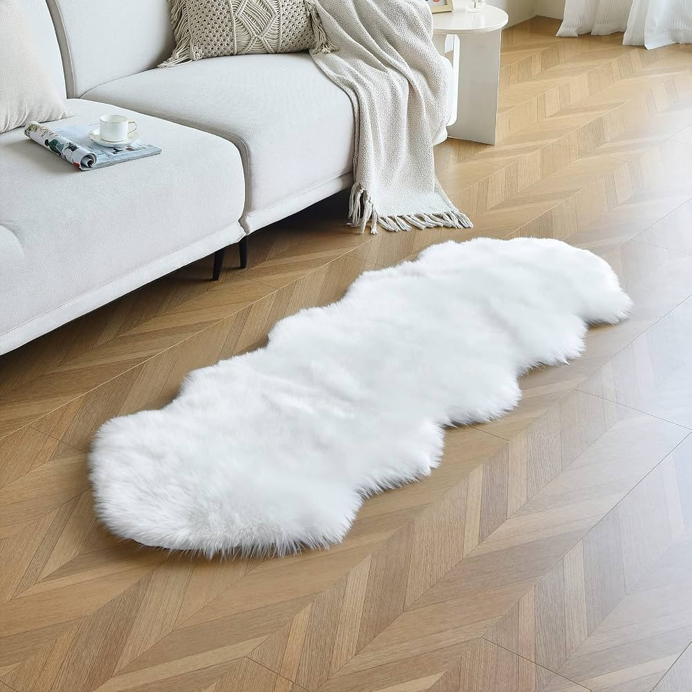 duduta White Faux Sheepskin Bedside Living Room Rugs 2 x 6 ft Fluffy Shag Couch Sofa Covers | Amazon (US)