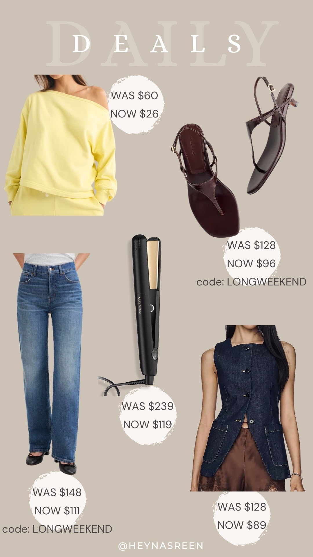Daily deals on Abercrombie sweatshirt, Madewell heels, GHD hair straightener, Anthropologie denim vest, Madewell jeans