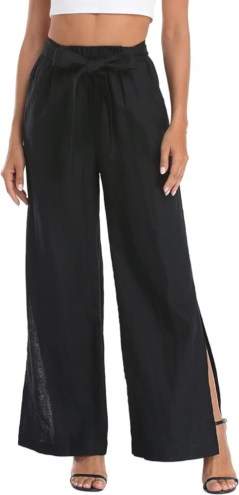 HDE Women's Linen Wide Leg Palazzo Pants Paperbag Flowy Boho Pant with Pockets | Amazon (US)