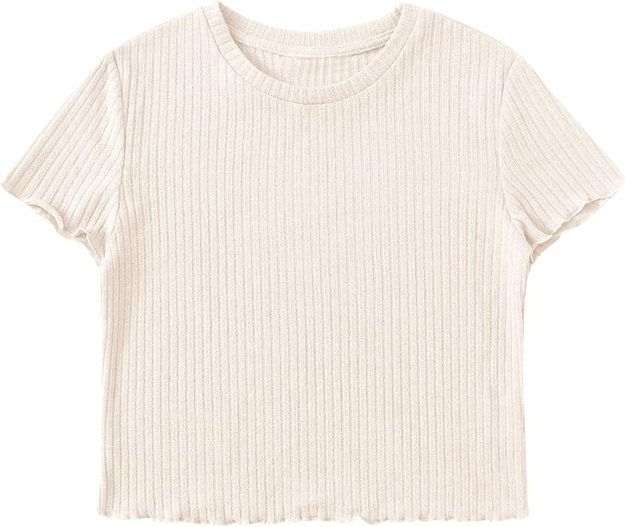 SweatyRocks Women's Solid Crew Neck Ribbed Knit Short Sleeve Crop Top T Shirts | Amazon (US)