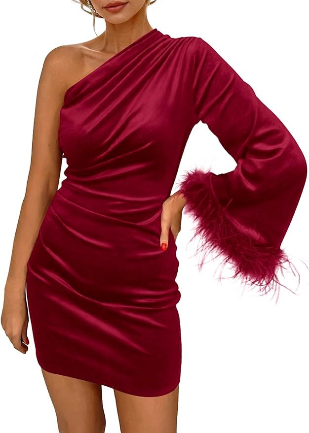 PRETTYGARDEN Women's Fall Long Sleeve Velvet Dress One Shoulder Mini Bodycon Wedding Guest Party ... | Amazon (US)