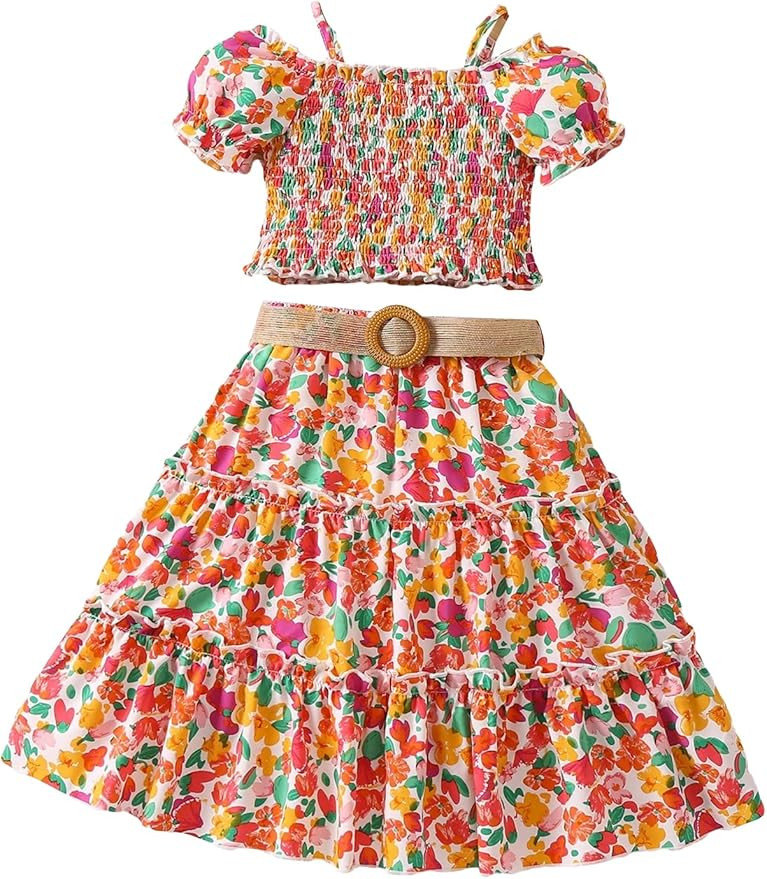 OYOANGLE Girl's 2 Piece Boho Floral Print Short Puff Sleeve Shirred Blouse and A Line Short Skirt... | Amazon (US)