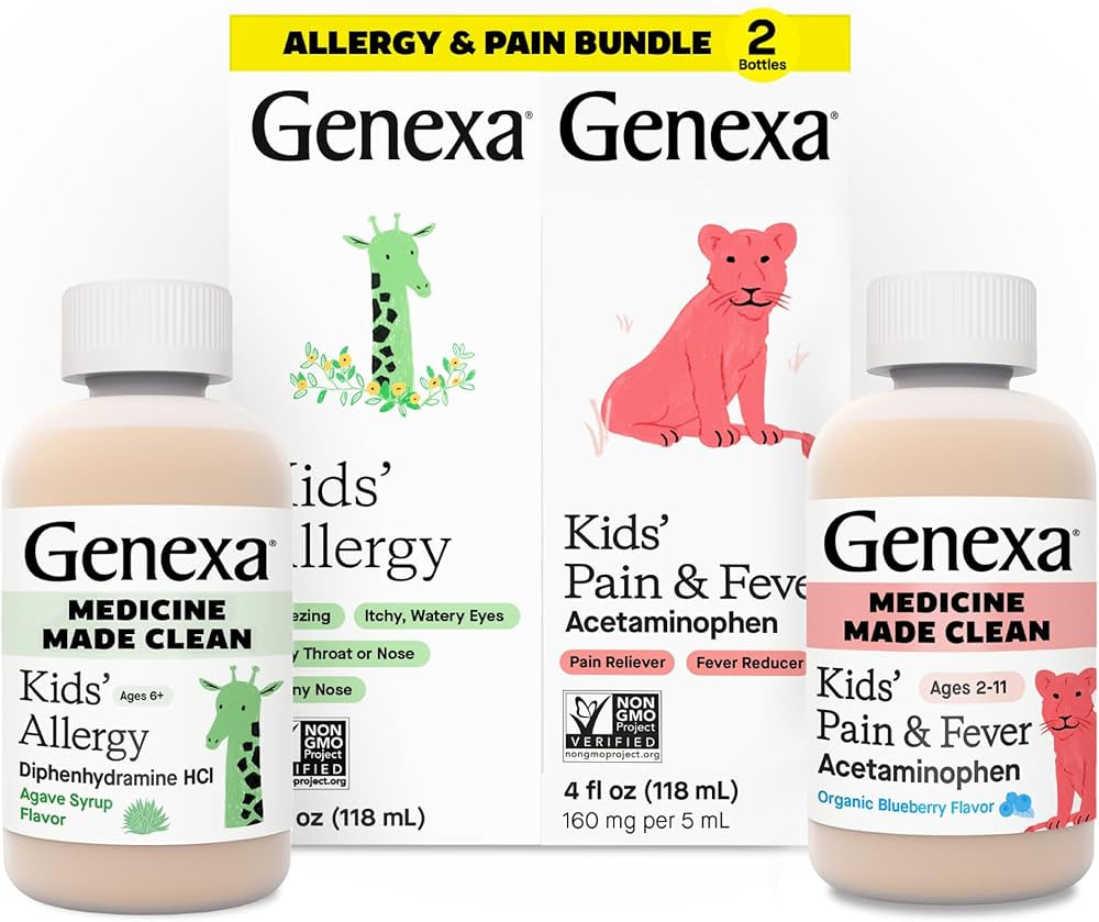 Genexa Kids' Clean Allergy & Acetaminophen Medicine Combo, Dye Free, 0% Artificial Additives, Chi... | Amazon (US)