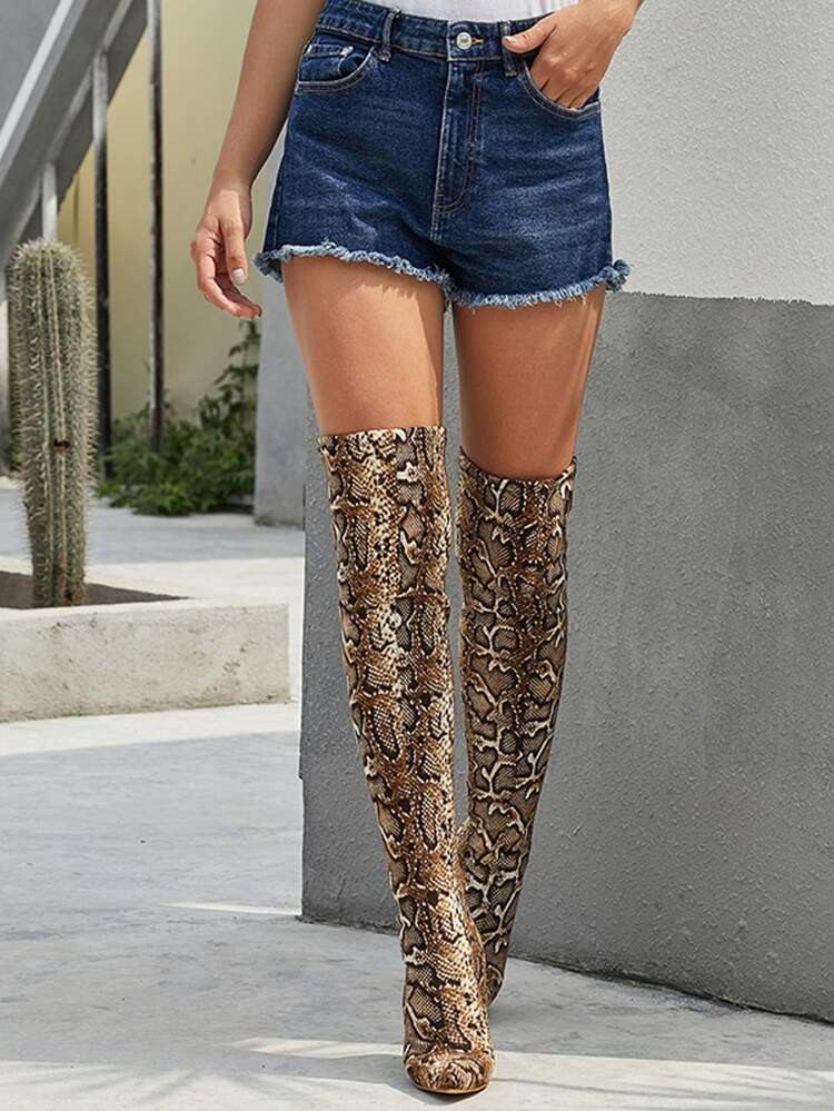 Point Toe Snakeskin Stiletto Thigh High Boots | SHEIN