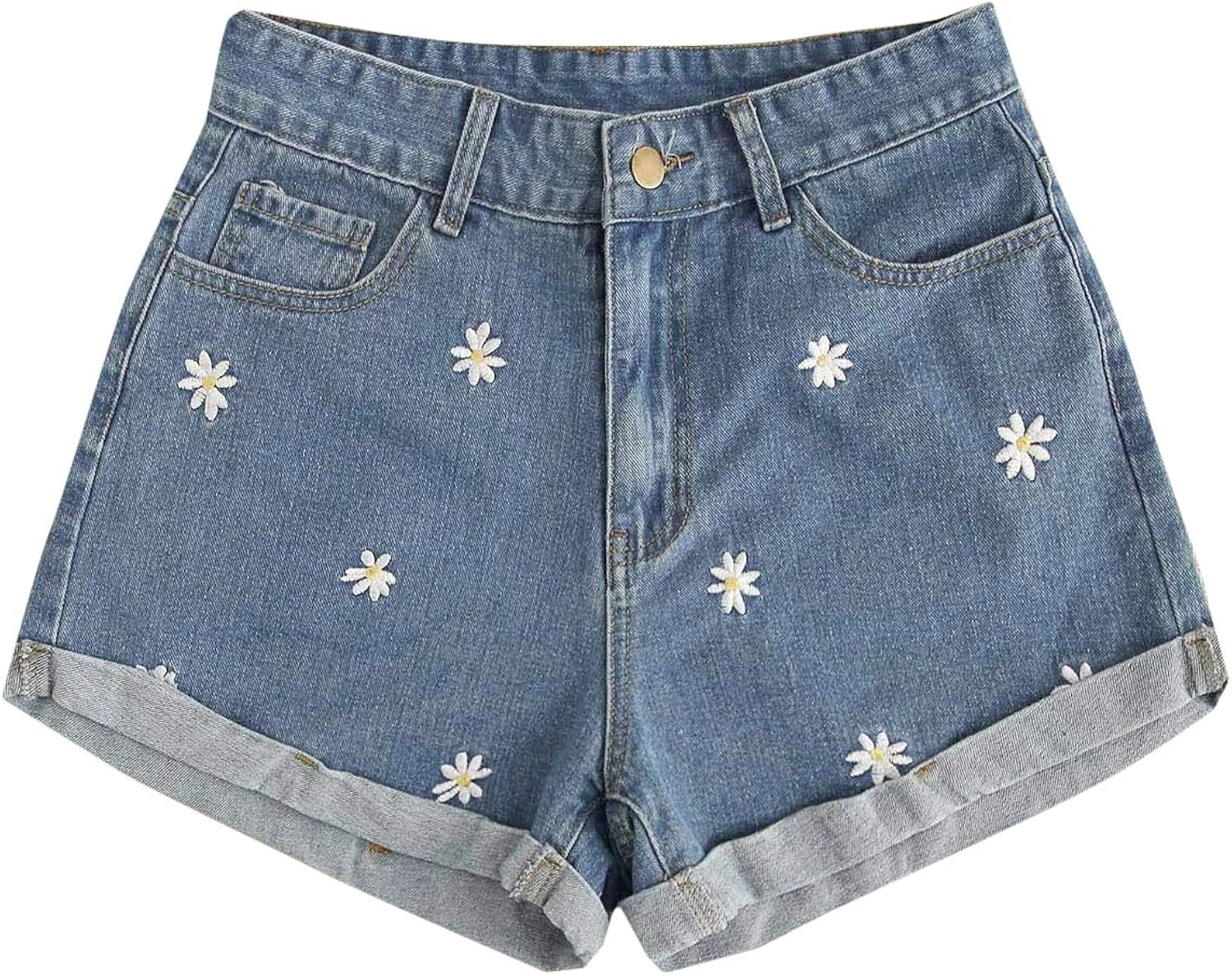 Verdusa Women's Floral Embroidery High Waist Roll Up Denim Shorts | Amazon (US)