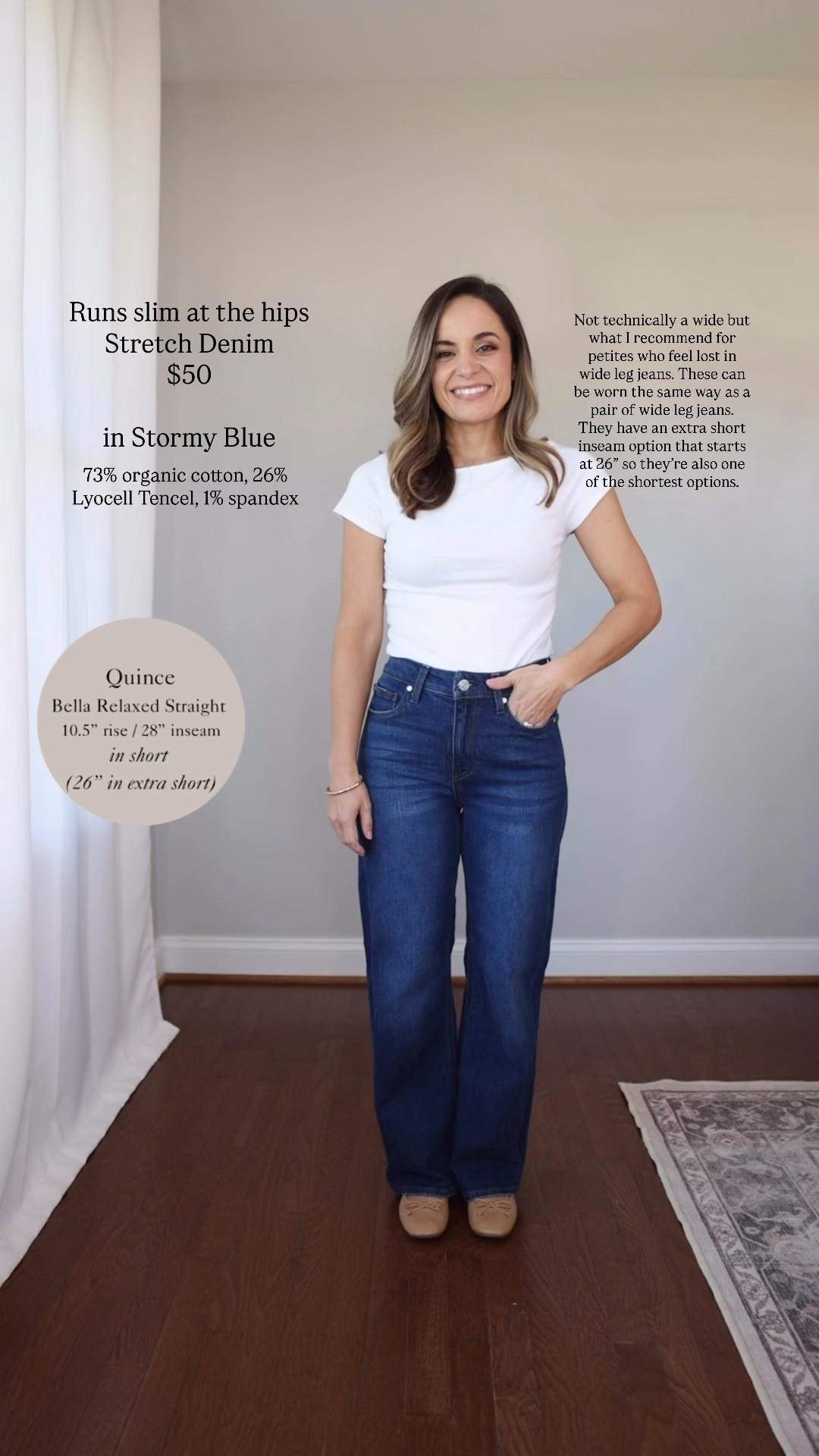 I share a lot of petite-friendly wide leg jeans. Here is a comparison of my top five. 

Bella Relaxed Straight 24 short in stormy blue / 10.5” rise (starting at 10” in smaller sizes) / 28” inseam / extra short has a 26” inseam 

Top: xs

For size comparison, I’m 4’10” 105lbs. My measurements are 32”, 24”, 36”. I typically wear petite xxs/00/24 and have a 25” ankle inseam and a 27.5-28” full length inseam.

#LTKPetite