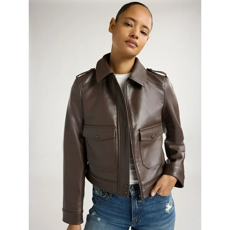 Scoop Women's and Women's Plus Faux Leather Cargo Pocket Jacket, Sizes XS-4X | Walmart (US)