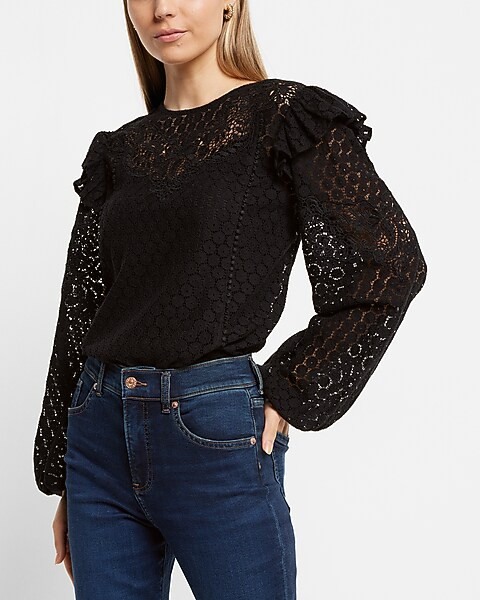 Lace Long Sleeve Ruffle Shoulder Top | Express