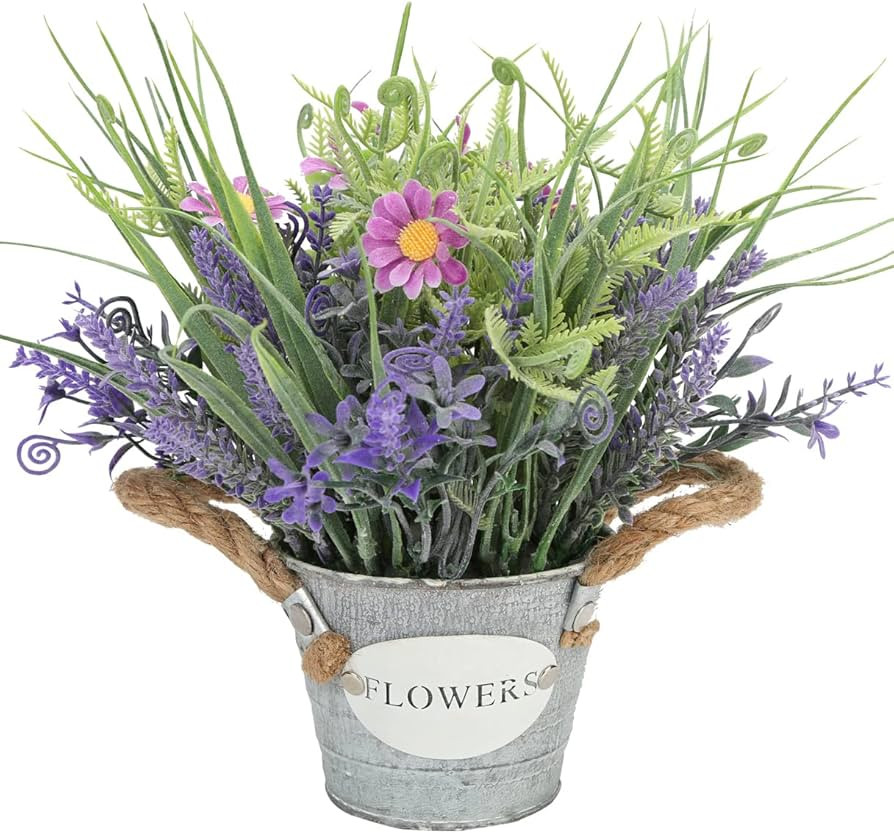 MIXROSE Artificial Plants Fake Lavender Flowers Purple in Metal Pot 10inch Height for Indoor Home... | Amazon (US)