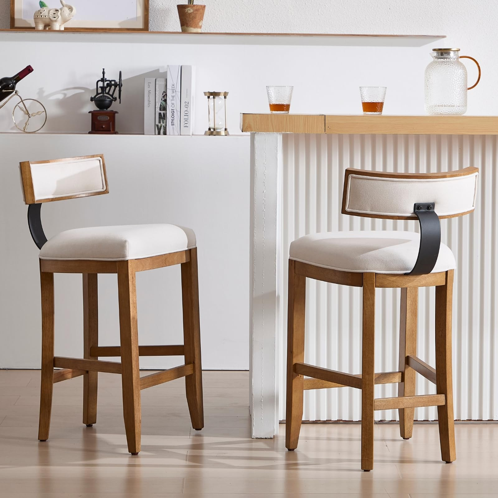 chairus 26.5" Modern Bar Stools Set of 2, Line Upholstered Counter Height Bar Stools, Rustic Wood... | Amazon (US)