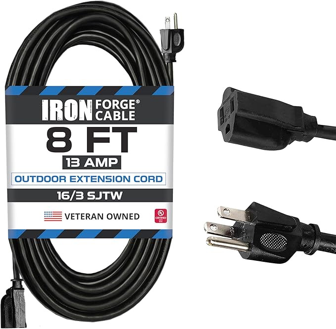 Iron Forge Cable Weatherproof Outdoor Extension Cord 8 ft, 16/3 SJTW Heavy Duty Black Extension C... | Amazon (US)
