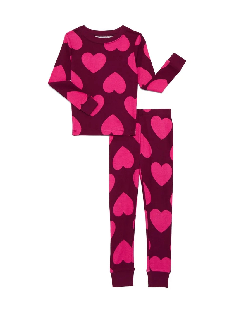 Wonder Nation Girls Cotton Long Sleeve Top and Pants Tight Fit Sleep Set, 2-Piece, Sizes 4-10 | Walmart (US)
