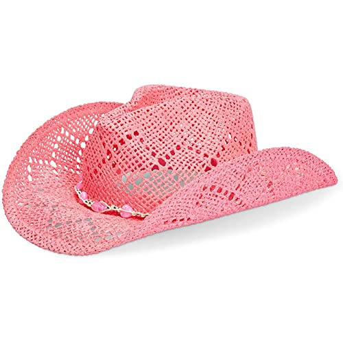 Zodaca Pink Cowboy Hat for Women - Pink Straw Beach Hat, Cute Cowgirl Hat with Beaded Heart Trim and Braided Chain (Adult Size) | Amazon (US)