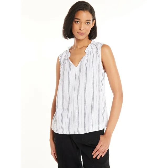 Time and Tru Ruffle Neck Linen Blend Top, Sizes XS-XXXL | Walmart (US)