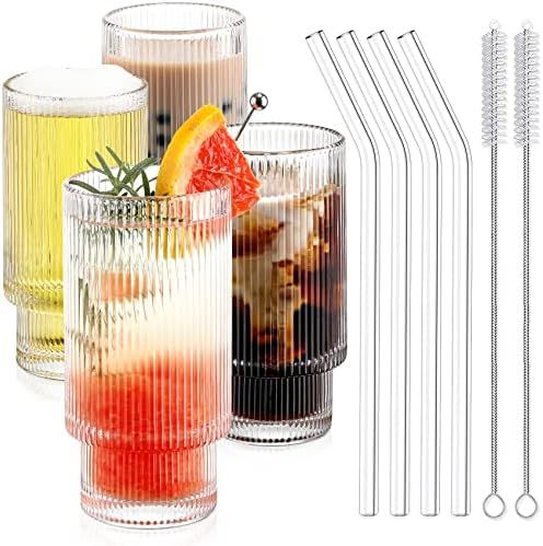 Drinking Glasses with Glass Straw 4pcs Set - Origami Style Glass Cups, Ripple Vintage Glassware, ... | Amazon (US)