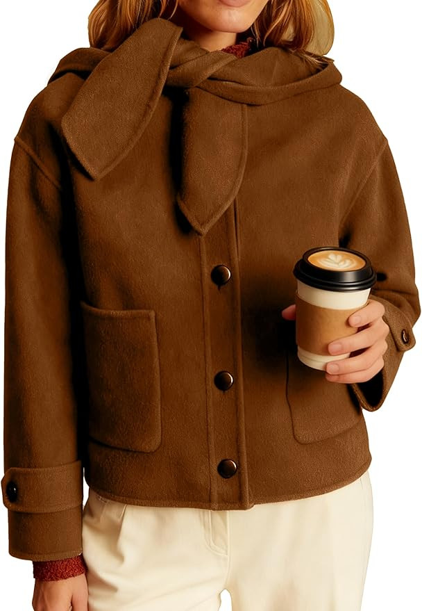 Women's Short Wool Blend Hooded Coat Cropped Hooded Bow Collar Jacket Single Breasted Casual Oute... | Amazon (US)