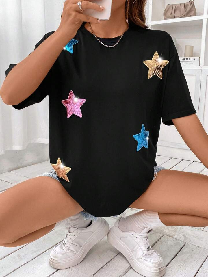 SHEIN EZwear Sequin Star Pattern Drop Shoulder Tee | SHEIN USA | SHEIN