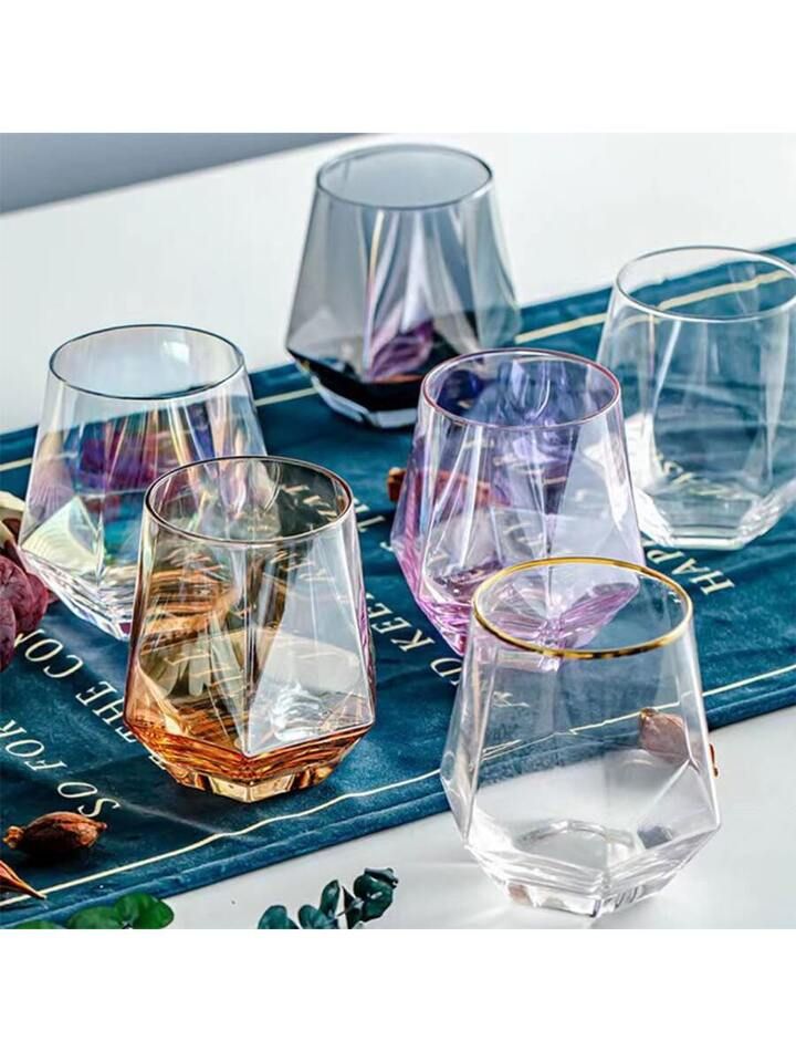 300ml Hexagonal Diamond Glass Cup Creative Crystal Tasting Tumbler Wine Glass Gold Edge Juice Dri... | SHEIN