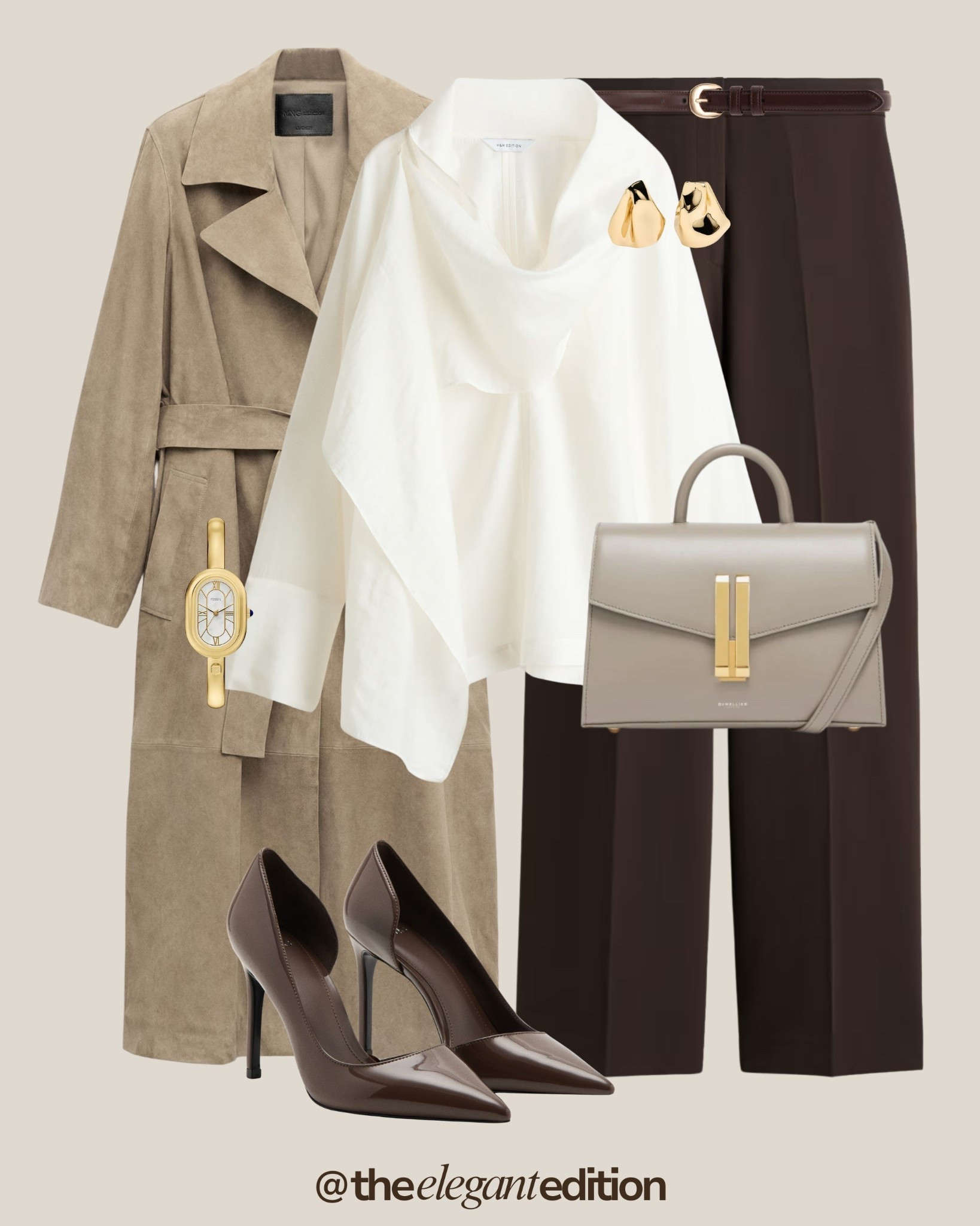Suede Trench Spring Outfit 🤍🤎
chocolate brown trousers tailored wide leg brown leather belt taupe suede trench coat belted oversized white shirt crisp oversized chocolate brown pumps pointed toe stiletto heels taupe leather handbag structured Demellier style gold hardware gold watch bracelet gold earrings chunky spring transitional sophisticated chic elegant
#LTKspring #LTKstyletip #LTKitbag

#LTKeurope #LTKspring #LTKstyletip