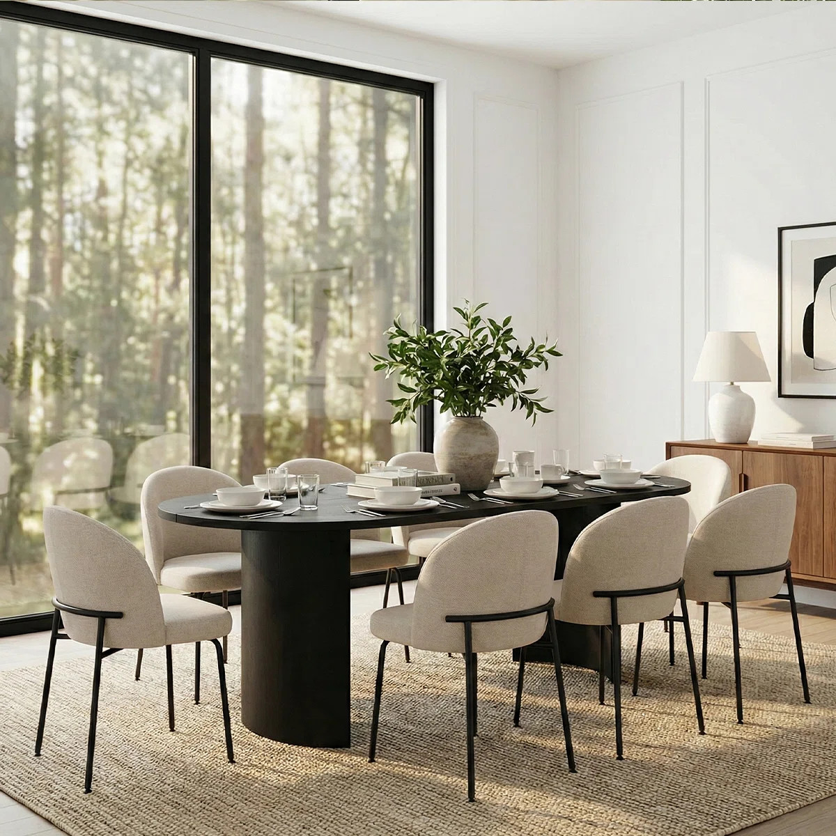 Corrigan Studio® 9 - Piece Modern Dining Set With 79" Oval Pedestal Table & 8 Upholstered Curved-Back Chairs & Reviews | Wayfair | Wayfair North America