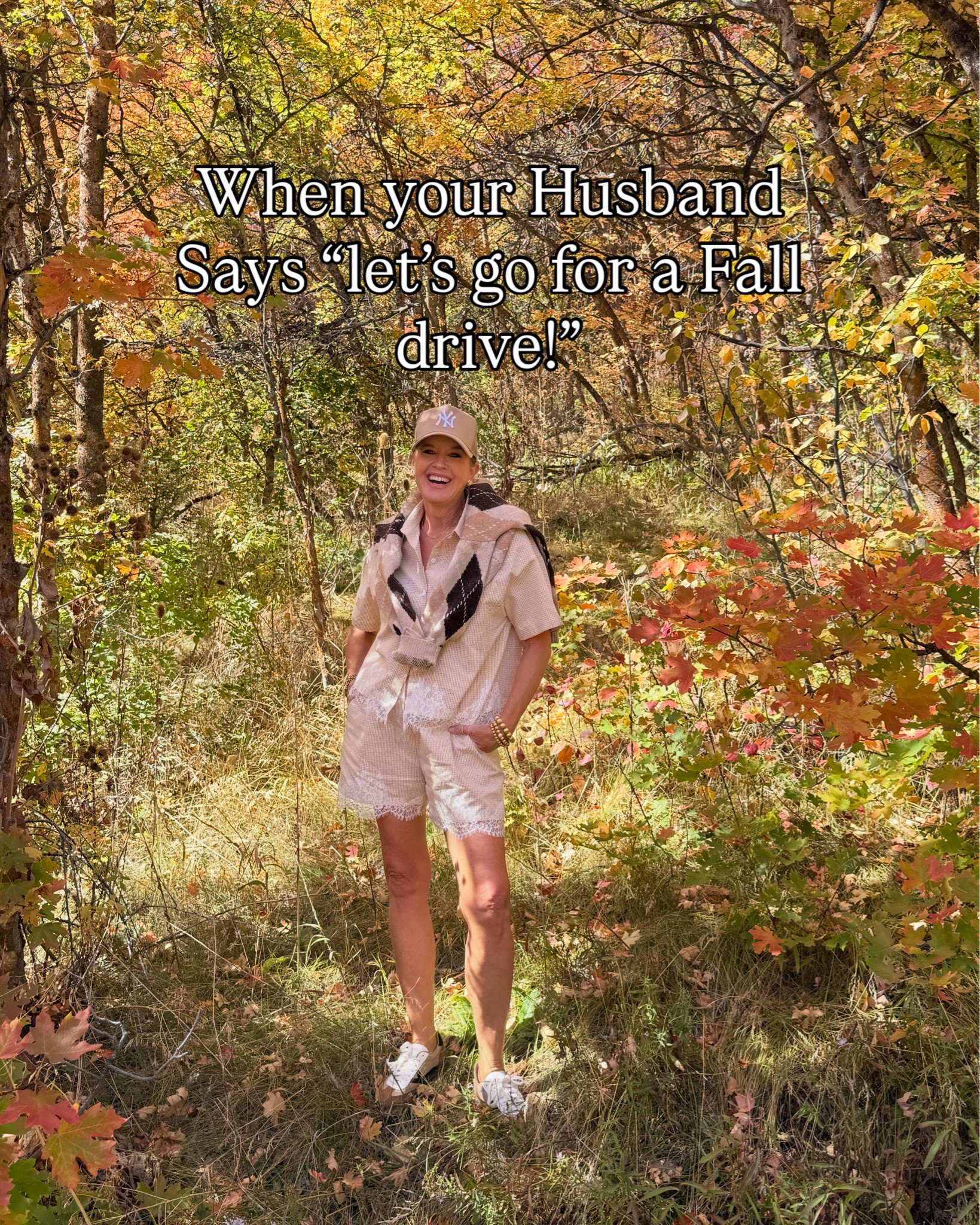Fall Foliage Drives have started in Utah🍂🍁

When your hubby asks you if you want to go for a drive in the convertible….

My answer is always yes…
See WHY in the photo captions

#3 is a obvious Yes… and #5 has my heart❤️ and #8 is funny

Come BACK for next weeks Fall foliage drive🍂🍁 As we fly by the seat of our pants.

This Foliage drive was up north to  Deep Canyon in Mendon outside of Logan

Outfitters details
The cutest gingham and lace short set..tts 
-by baseball cap
-Veronica Beard inspired tennis shoes 
-argyle sweater 
-jewelry

#LTKdayinmylife #LTKootd #LTKOver40