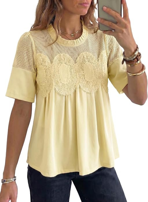 Dokotoo Women's Lace Blouse Flared Short Sleeve Embroidered Mesh Shirts | Amazon (US)