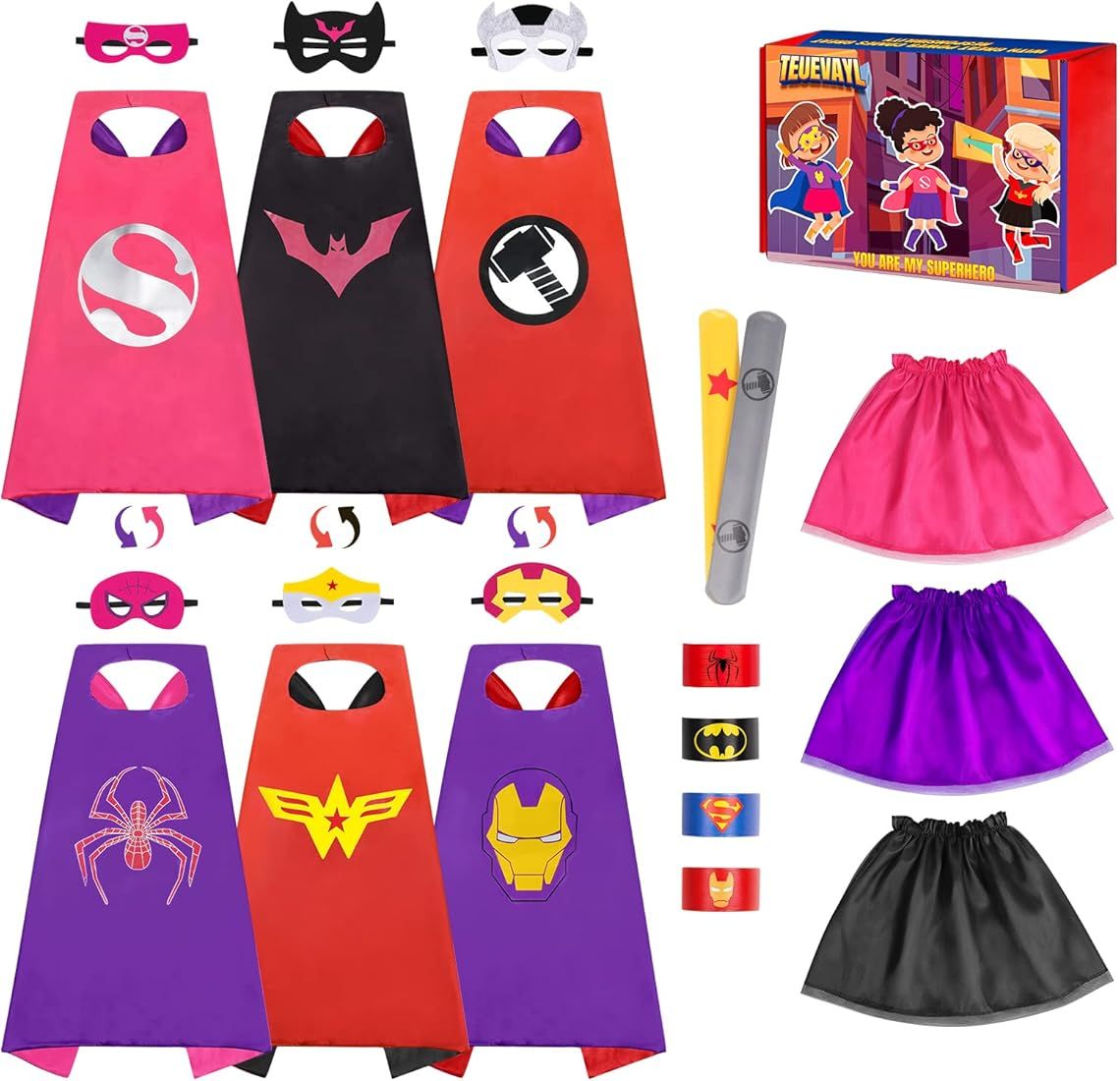 Super Hero Capes and Masks for Girls - Teuevayl Superhero Capes Set and Wristbands, Dress Up Clot... | Amazon (US)