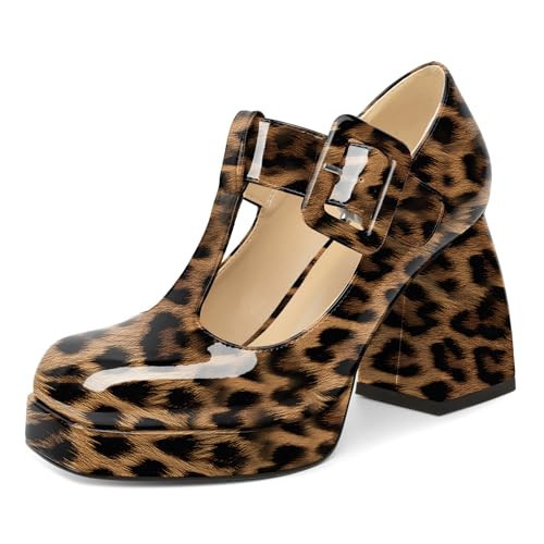 YODEKS Women's High Heels Square Toe Mary Jane Pumps Chunky Heel Platform Dress Shoes Patent Leopard 9.5 M US | Amazon (US)