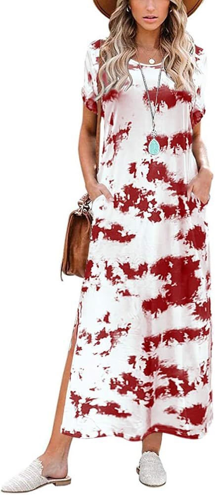 Midi Dress for Women - Casual Loose Short Sleeve Split Tie Dye Long Dress with Pockets | Amazon (US)