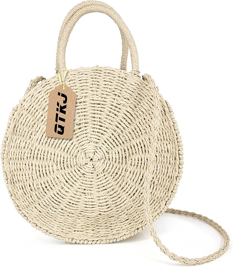 Women Straw Summer Beach Bag Handwoven Round Rattan Bag Cross Body Bag Shoulder Messenger Satchel | Amazon (US)