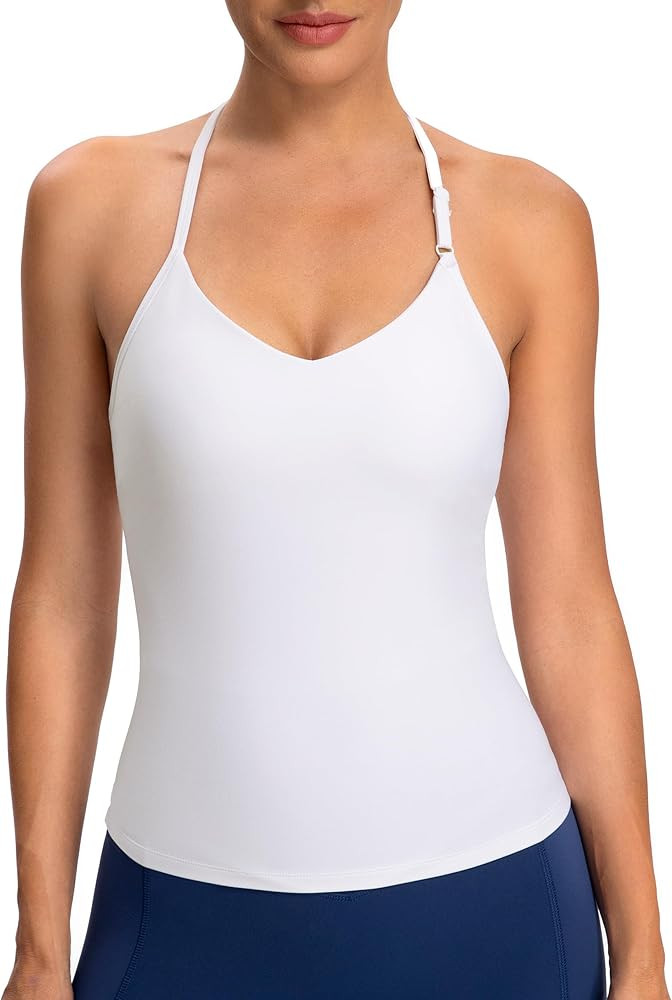 Colorfulkoala Dreamlux Halter Tank Top Backless V Neck Built-in Bra Adjustable Spaghetti Strap Wo... | Amazon (US)