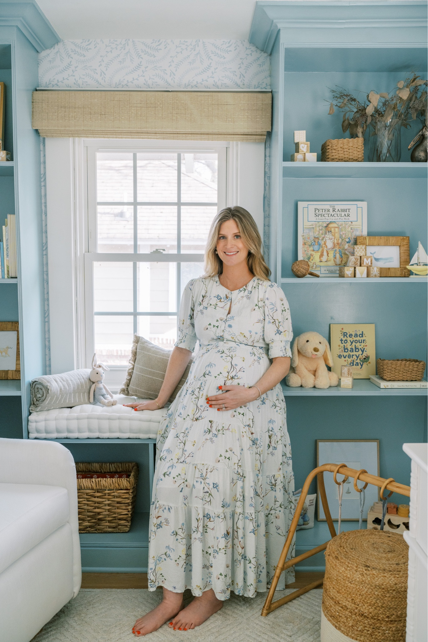 On baby watch while continuing to work on as much as we can before slowing down with our little one ✨ In case you missed it, this week brought a lot of updates and finds for you! Catch up over on stories and message me with any questions 🤍
•
•
•

baby nursery, blue wallpaper, white crib, glider, neutral loloi rug, soft rug, Roman shades, nursery design, nursery decor, woven hamper, crib skirt, gender neutral nursery, calm nursery, pouf, brass mirror, nursery shelf decor, changing table, woven changing basket, rabbit mobile, baby mobile, hutch
#nursery #nurserydecor #nurseryinspo #nurserydesign #nurseryinspiration #babyroomdecor #babyroom #neutralnursery #genderneutralnursery #homedecor #wallpaperwednesday #homedesign #potterybarn #glider #crib #maternityshoot #maternityphotography #ltkhump #ltkbaby 
#pregnancyannouncement 
#liketkit  Shelf decor 

#LTKhome #LTKsalealert #LTKunder50