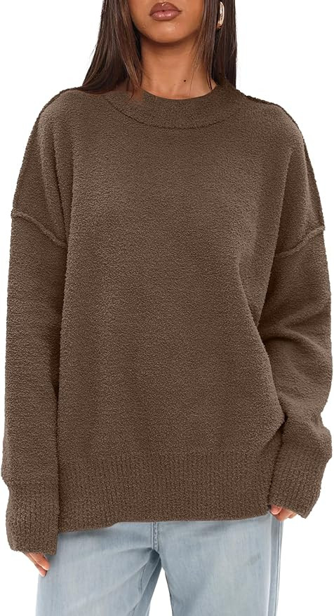 Darong Women Oversized Fuzzy Knit Sweater Long Sleeve Crew Neck Side Slit Pullover Sweaters Fall ... | Amazon (US)